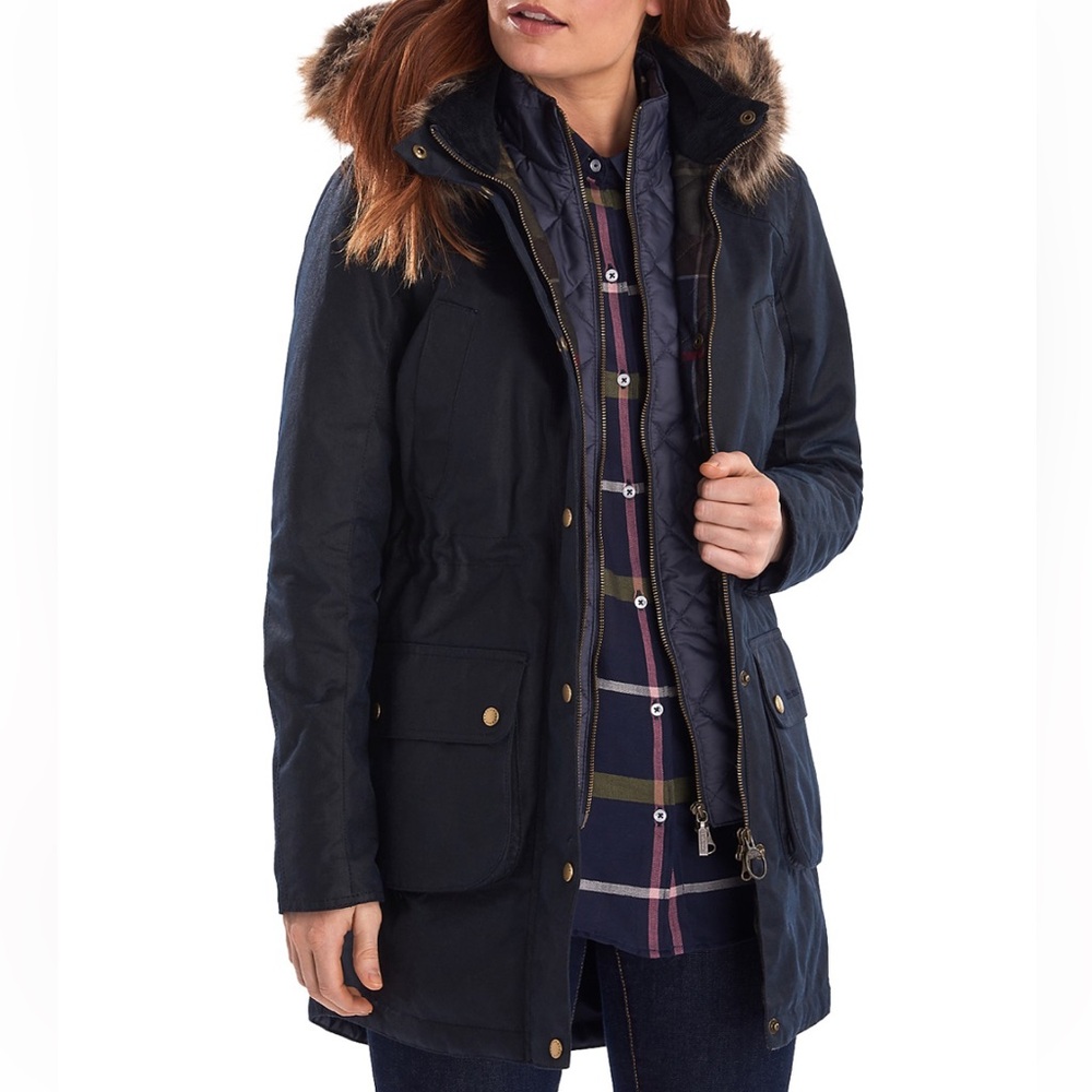 Barbour Thrunton coat with removable faux fur hood and built in vest, size US 6